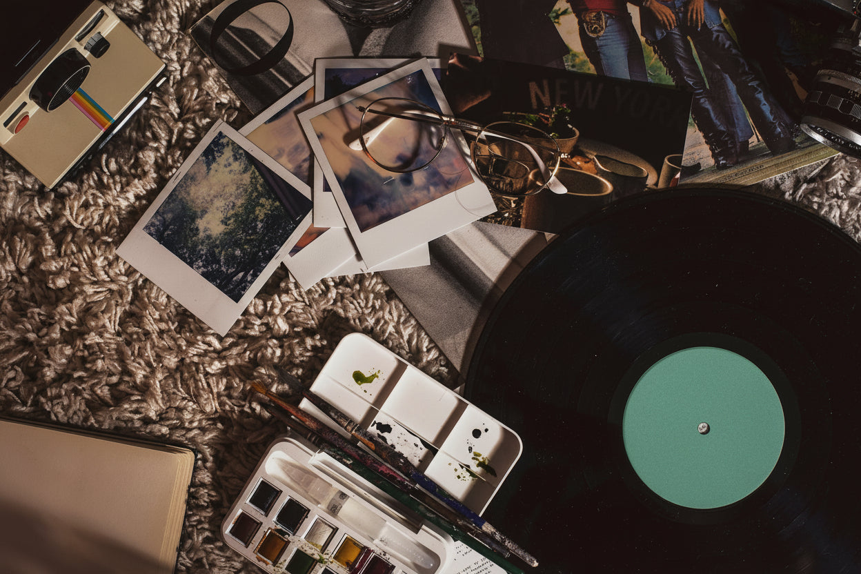 Vinyl record with a green label on a textured surface with photos and stationery items.